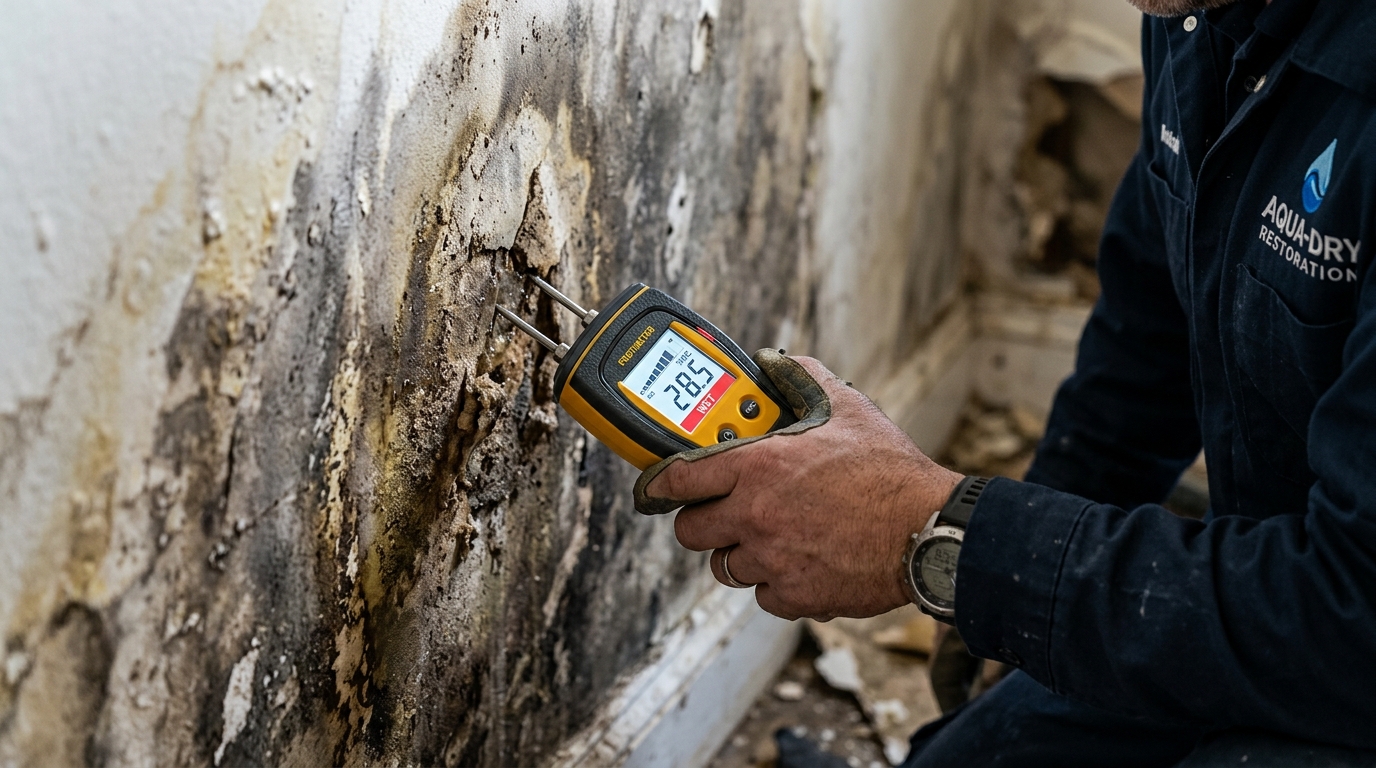 Moisture meter verification after Shenango River flooding — structural drying confirmation